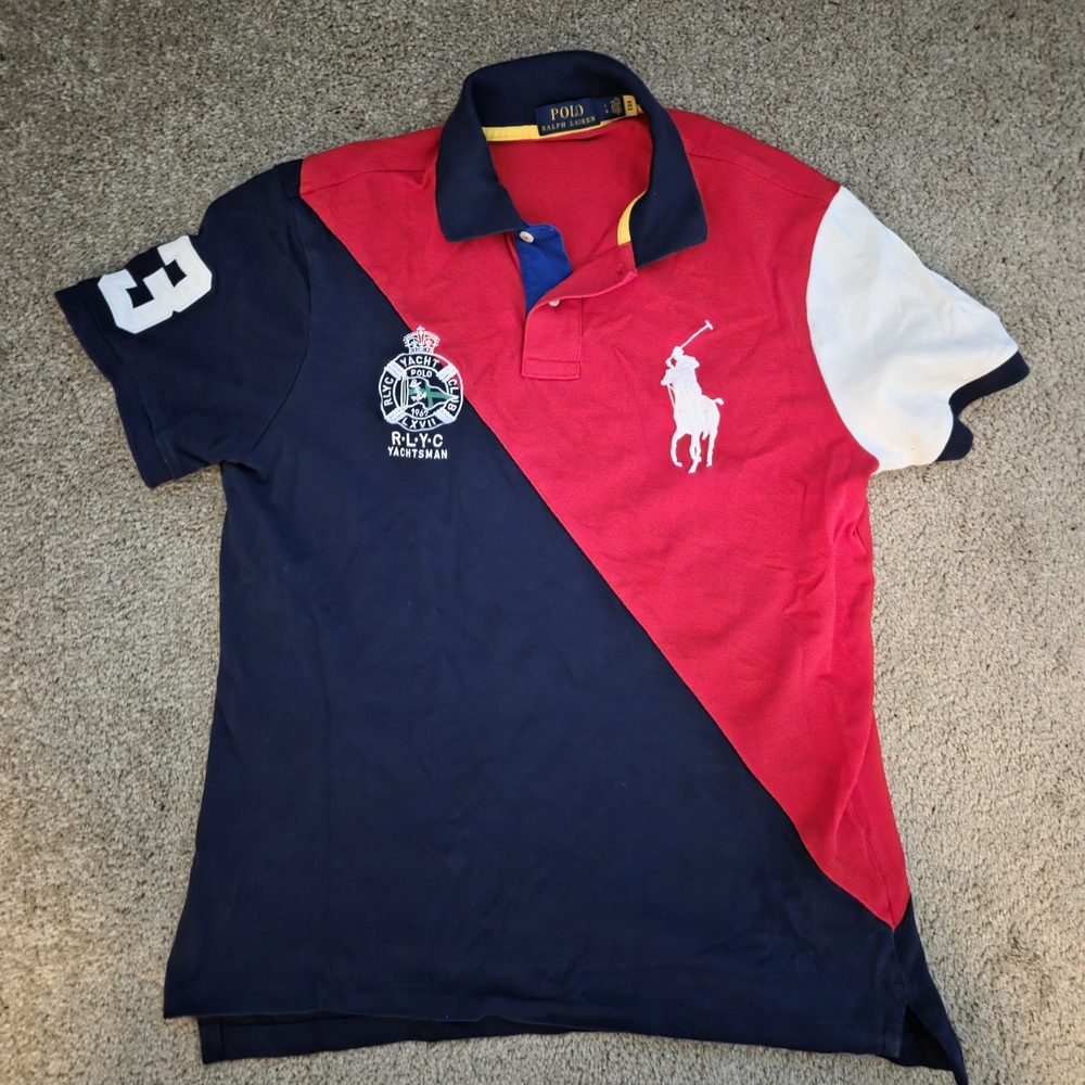 Ralph Lauren Red and Navy Polo Shirt Mens Large